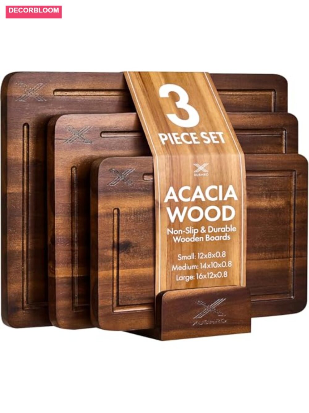 Acacia Wood Cutting Board Set of 3 with Stand, Juice Groove, Non-Slip Base